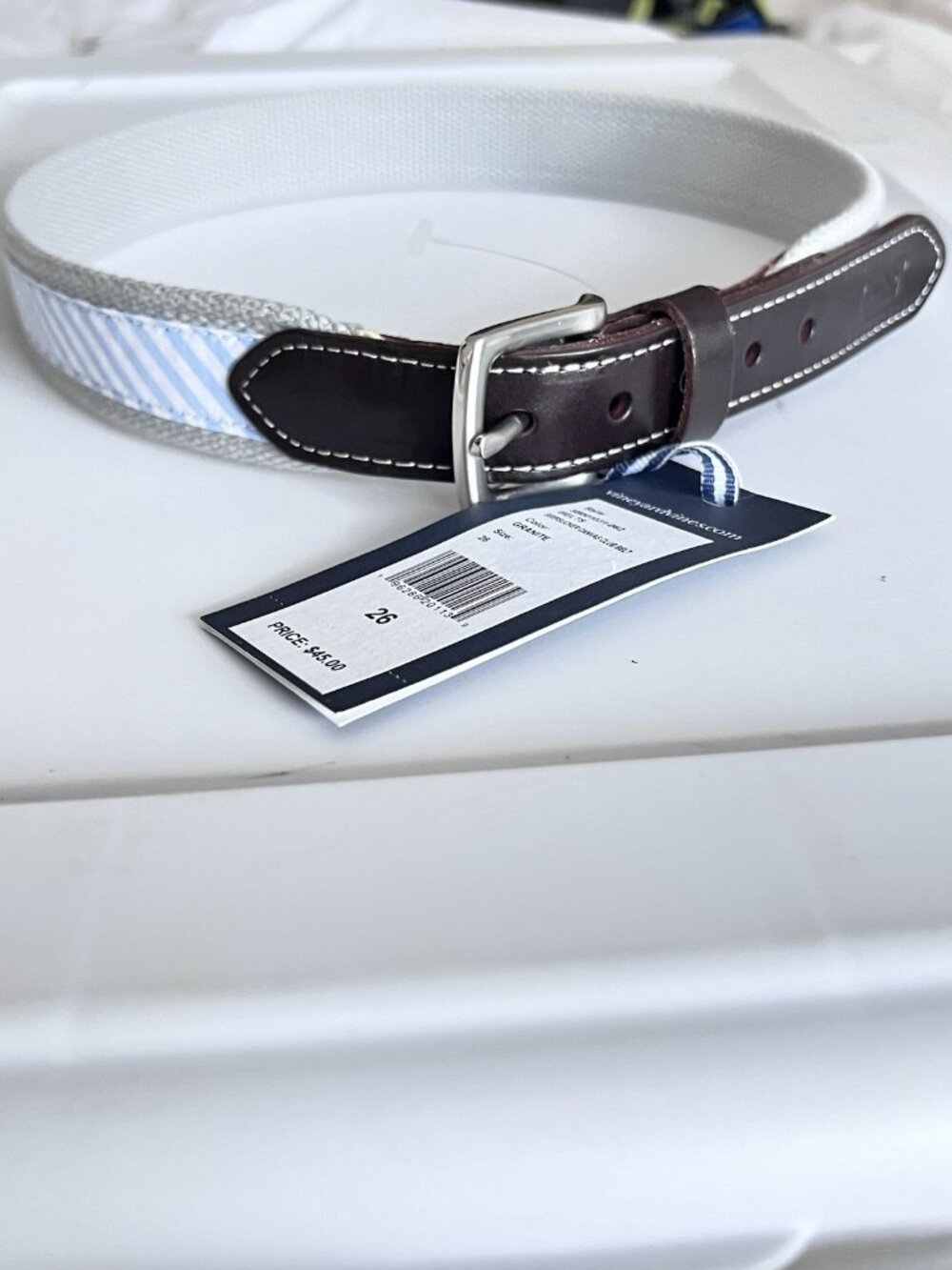 Vineyard Vines seersucker canvas club belt Blue White Stripe Size 26